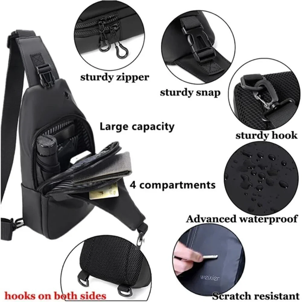💫 Men Black Crossbody Bag Sling Waterproof USB Charging Port Headphone Backpack